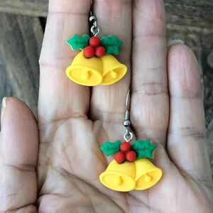 3 for $25/ Christmas Bells & Holly Handmade Clay Polymer Drop Earrings NWT